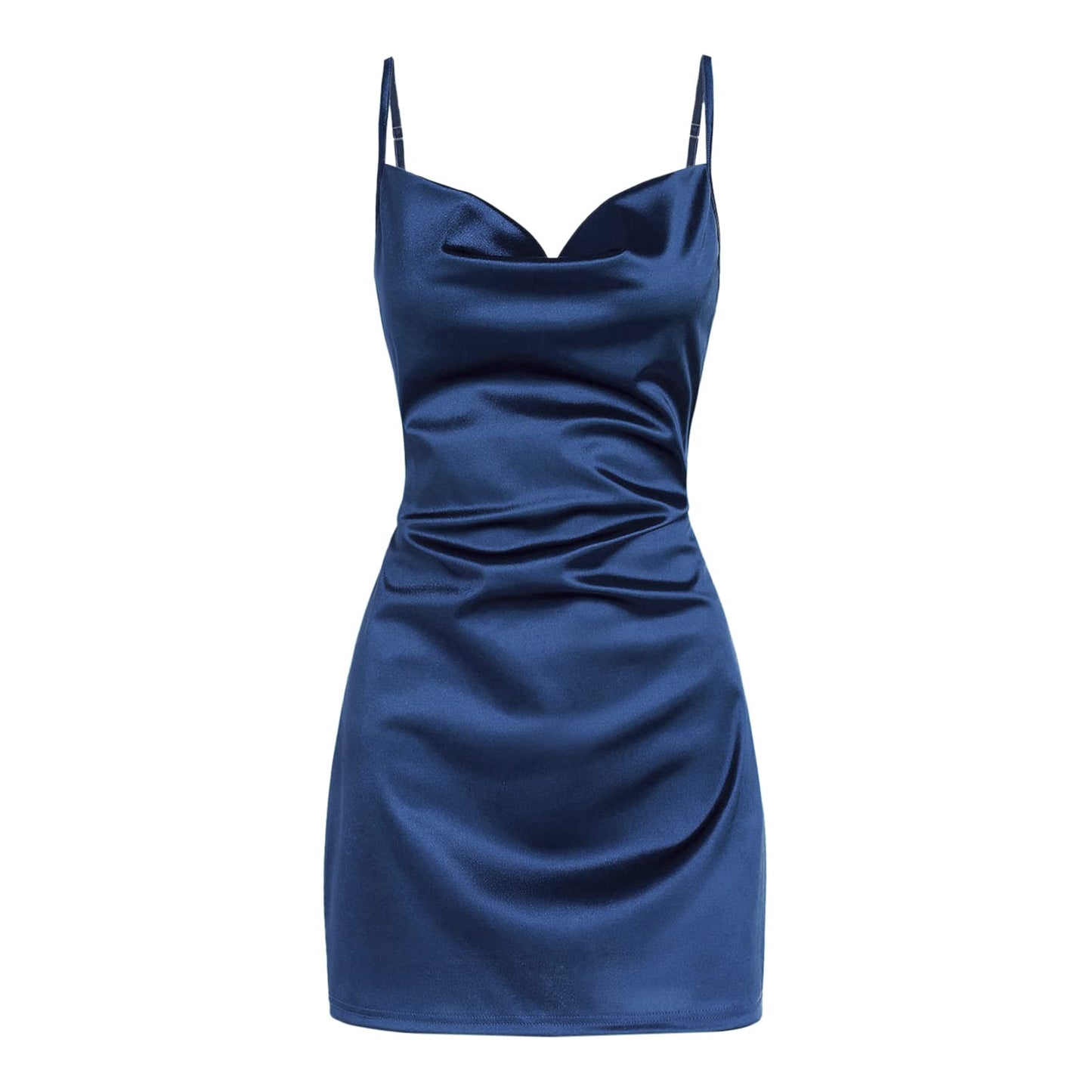 ZAFUL Women's Satin Sleeveless Spaghetti Strap Mini Dress Sexy Slip Cowl Neck Silky Cocktail Party Dresses(Navy Blue-F, XS)