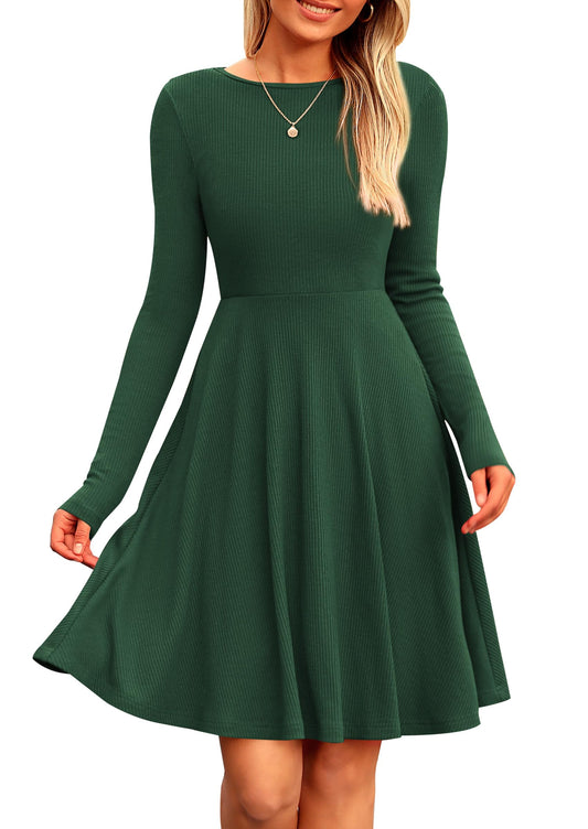 PRETTYGARDEN Women's Fall Short Dress Ribbed Knit Crewneck Long Sleeve A Line Flowy Casual Elegant Cute Going Out Dresses (Dark Green,Large)