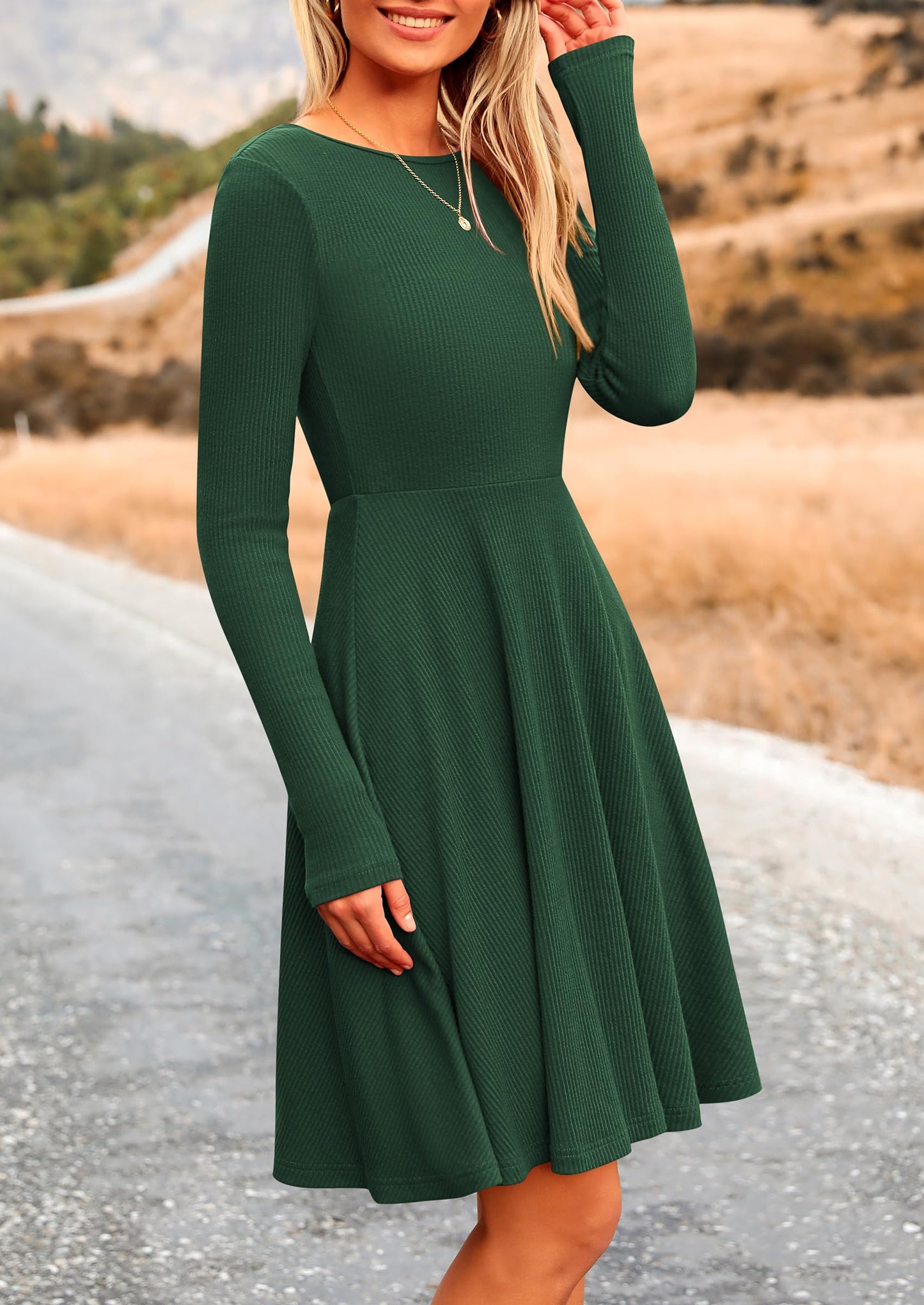 PRETTYGARDEN Women's Fall Short Dress Ribbed Knit Crewneck Long Sleeve A Line Flowy Casual Elegant Cute Going Out Dresses (Dark Green,Large)