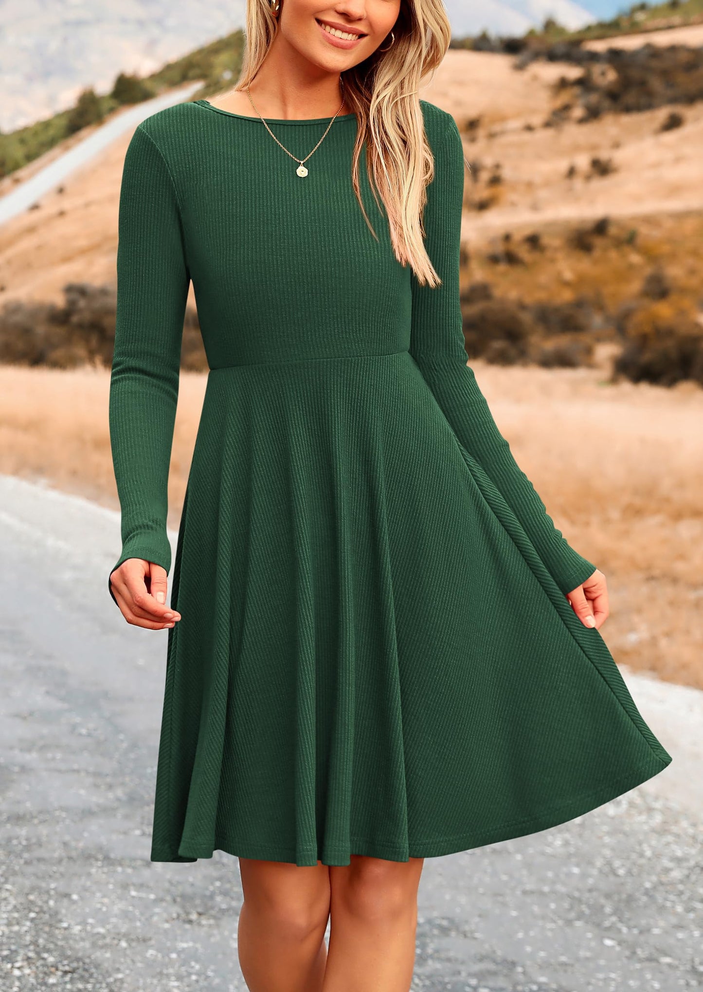 PRETTYGARDEN Women's Fall Short Dress Ribbed Knit Crewneck Long Sleeve A Line Flowy Casual Elegant Cute Going Out Dresses (Dark Green,Large)