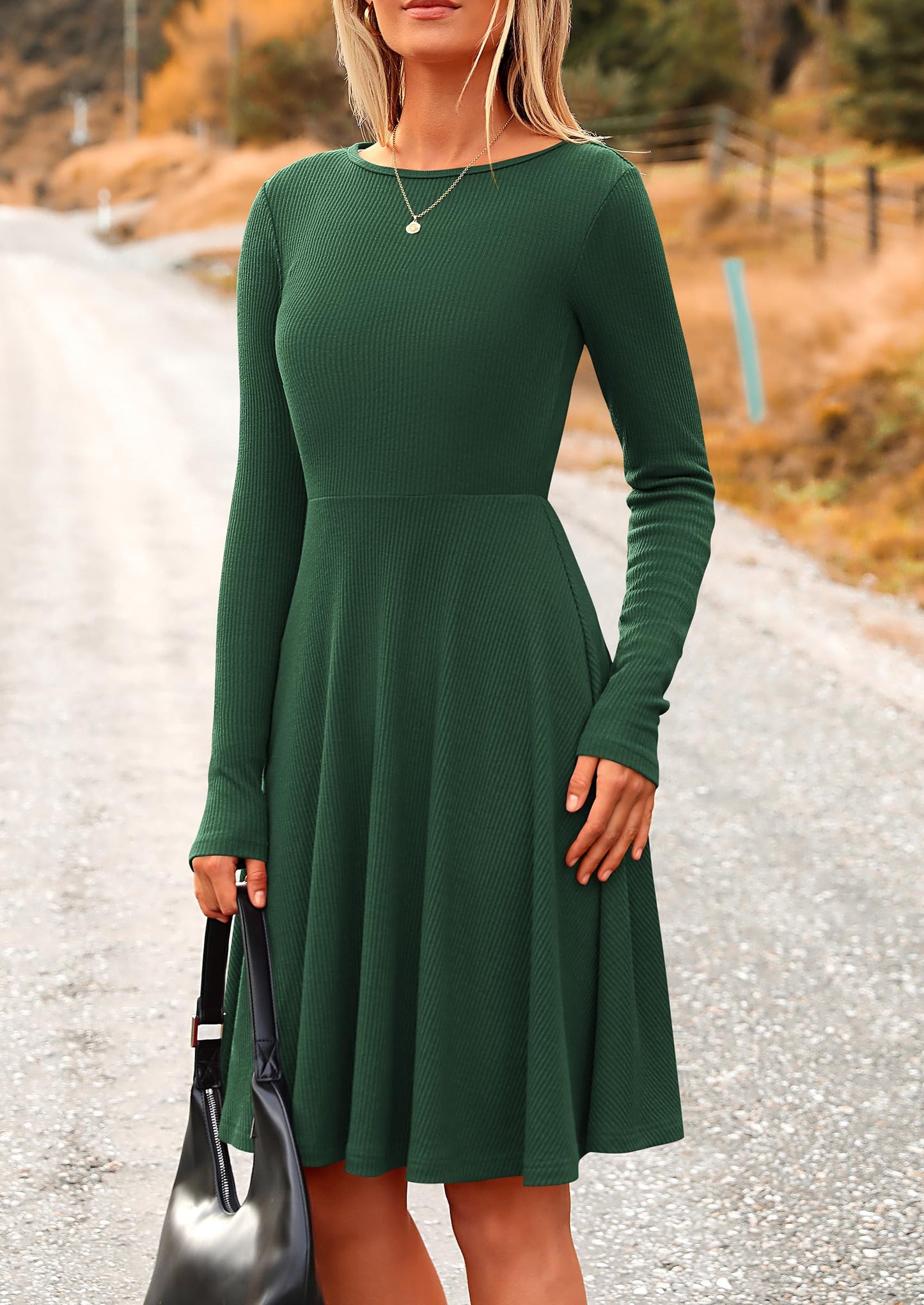 PRETTYGARDEN Women's Fall Short Dress Ribbed Knit Crewneck Long Sleeve A Line Flowy Casual Elegant Cute Going Out Dresses (Dark Green,Large)